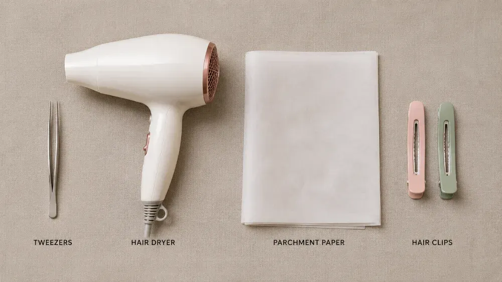 Flat lay of tools needed to remove iron-on labels, including tweezers, hair dryer, and parchment paper
