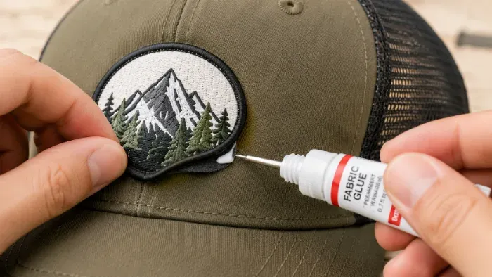 Fabric glue being applied under a lifted patch edge to fix peeling on a hat