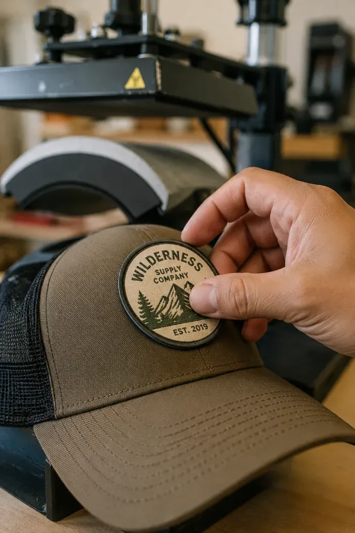 Hand pressing a patch onto the curved crown of a hat during heat application