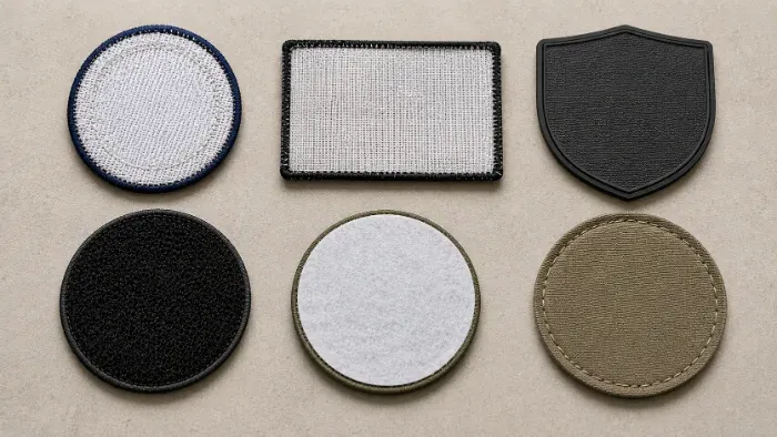 Flat lay comparing embroidered, woven, printed, Velcro, and sew-on patch types