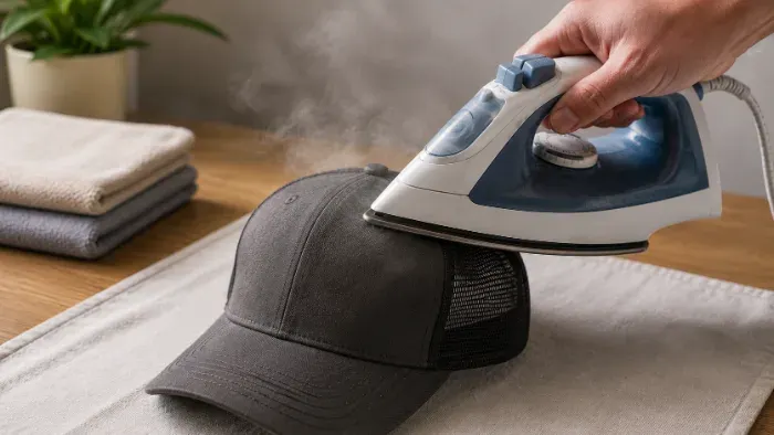 Iron passing over a hat to preheat the fabric before applying a patch
