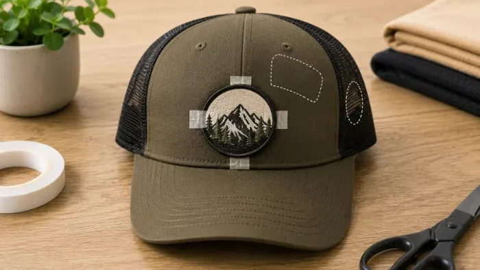 Patch positioned at front center of a hat with double-sided tape holding it steady before pressing