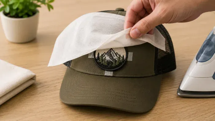 Pressing cloth being laid over a patch on a hat to protect it before ironing