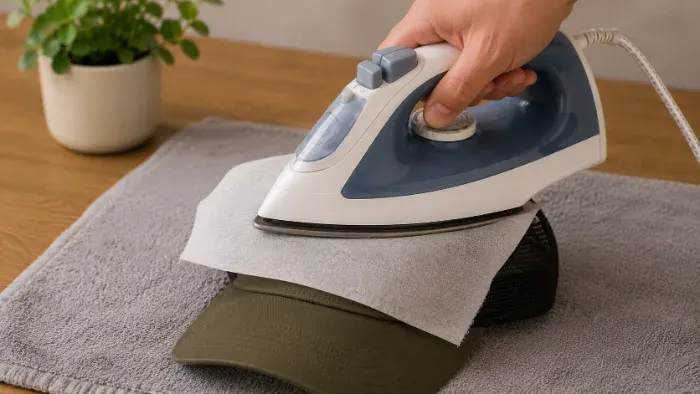 Iron pressing firmly onto a patch through a pressing cloth on a hat