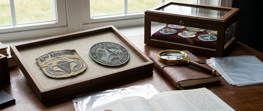 Vintage and modern military-style patches displayed together, illustrating patch collecting and value differences.