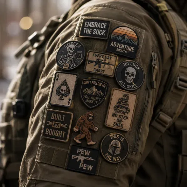 Assorted morale and novelty patches attached to a tactical bag panel, showing unofficial patch styles beyond the uniform.