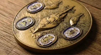 custom 3D navy coin on table