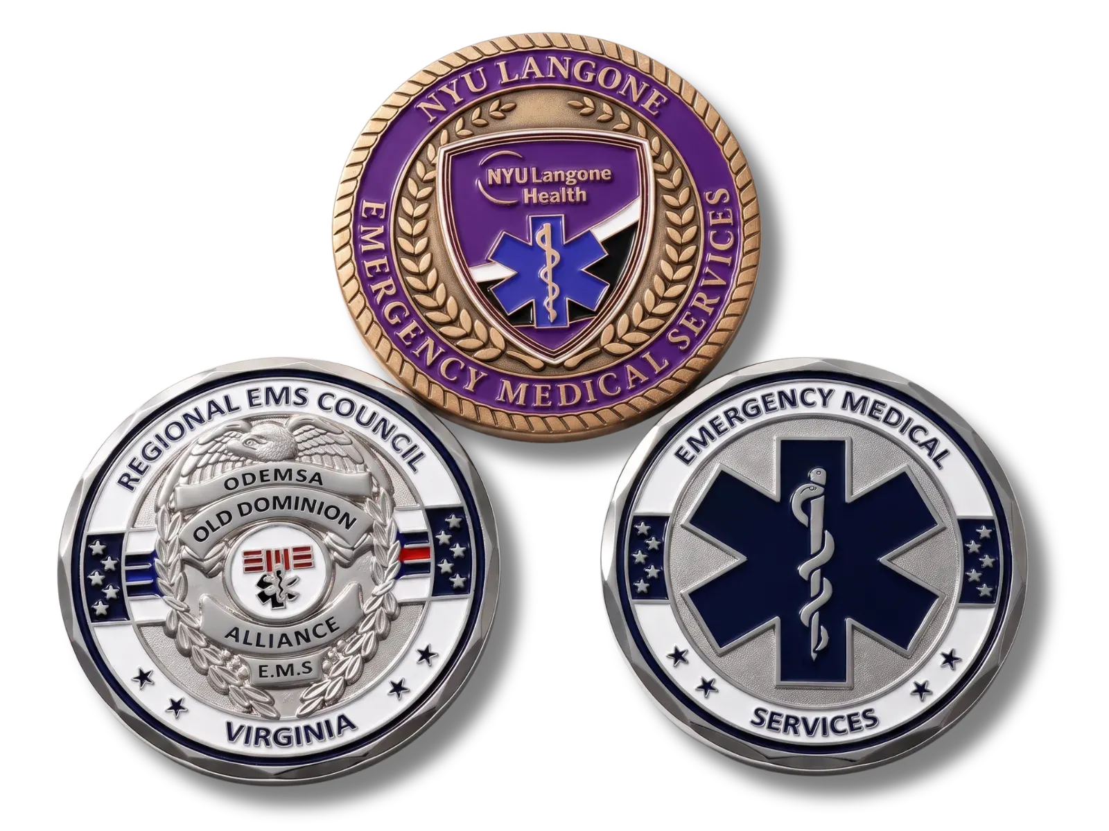 Custom EMS challenge coins displayed together