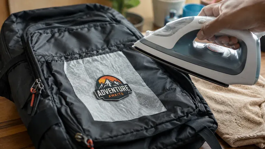 Iron-on patch and pressing cloth positioned on a nylon backpack with iron held above at a low heat setting