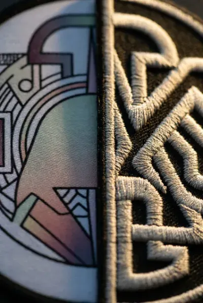 Close up detail comparison showing fine gradient shading on a sublimated patch versus bold raised stitching on an embroidered patch