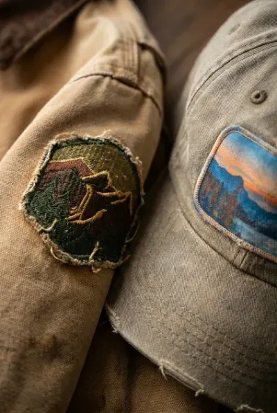 Close up of a worn embroidered patch and a worn sublimated patch showing durability over years of use