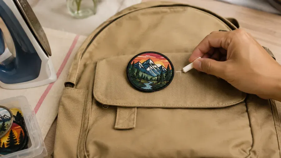 Hand marking chalk placement guide next to a patch laid on a backpack before ironing