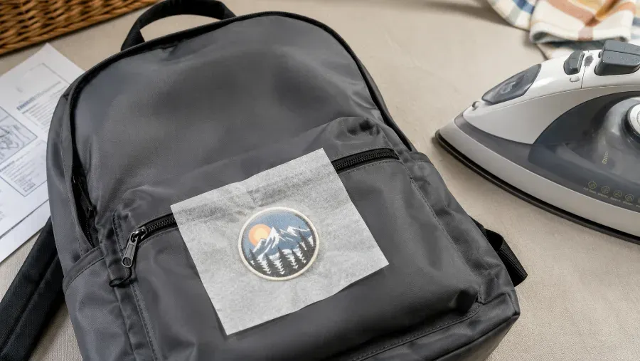 Iron-on patch being pressed onto a polyester backpack through a protective pressing cloth