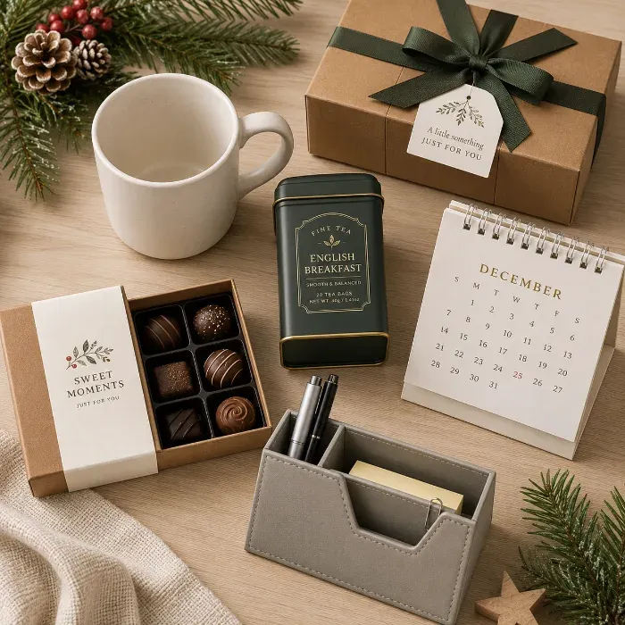 Assorted practical holiday gifts including a mug, chocolate box, tea, and desk organizer