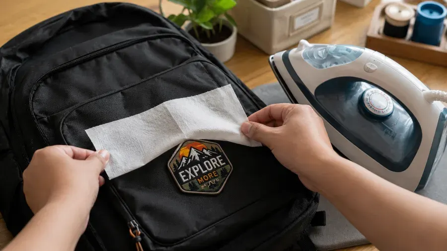 Hands laying a pressing cloth over an iron-on patch on a backpack before pressing with an iron