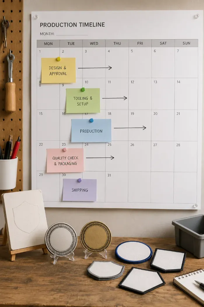 Production calendar and sample products used for timeline planning