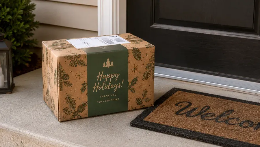 Holiday gift box delivered to a home doorstep for a remote employee