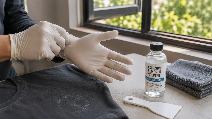 Gloved hands with a plastic scraper near solvent bottle, illustrating safety precautions for label removal