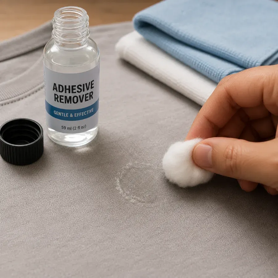 Cotton ball applying adhesive remover to leftover residue on fabric