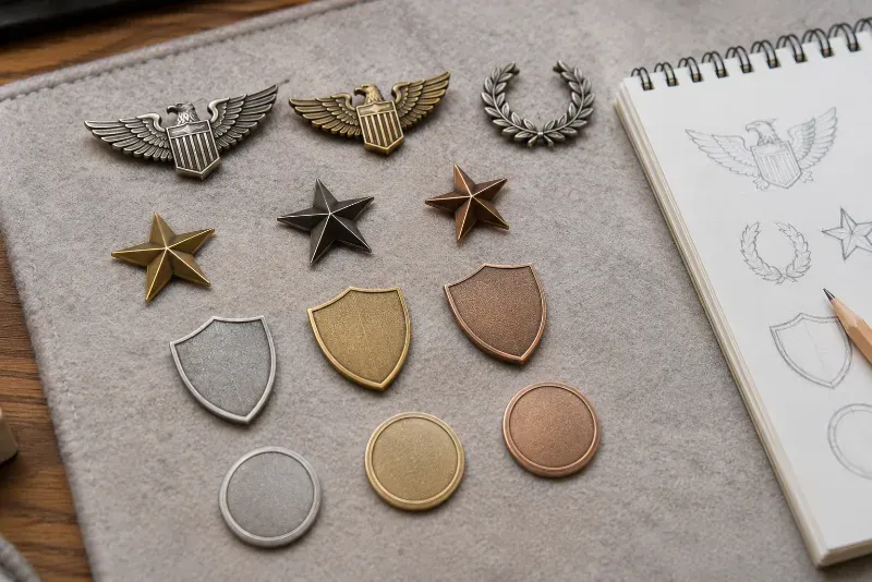 Unmarked military-style badges sorted into rows on a felt surface alongside early design sketches