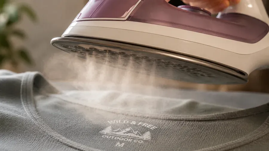Iron releasing steam near a vinyl label during steam removal method