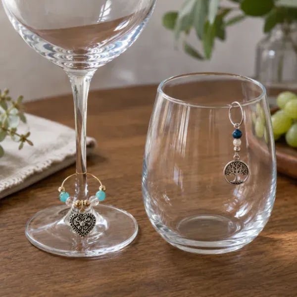 Stemmed wine glass with a ring charm next to a stemless glass with a clip-style charm tag