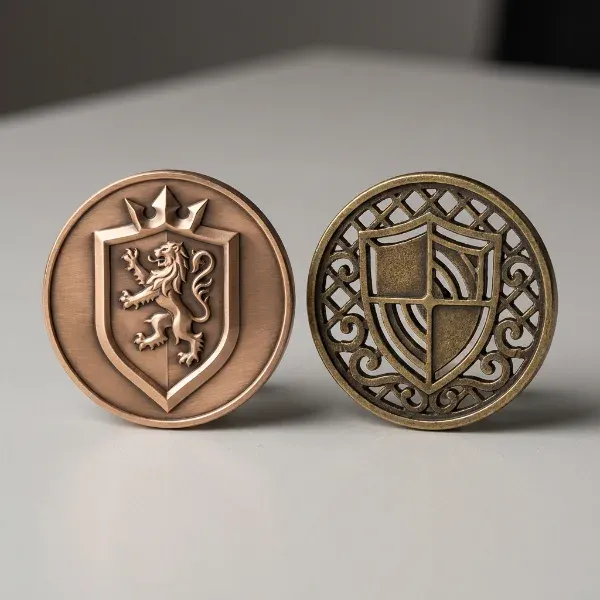 Side-by-side comparison of a struck challenge coin and a cast challenge coin