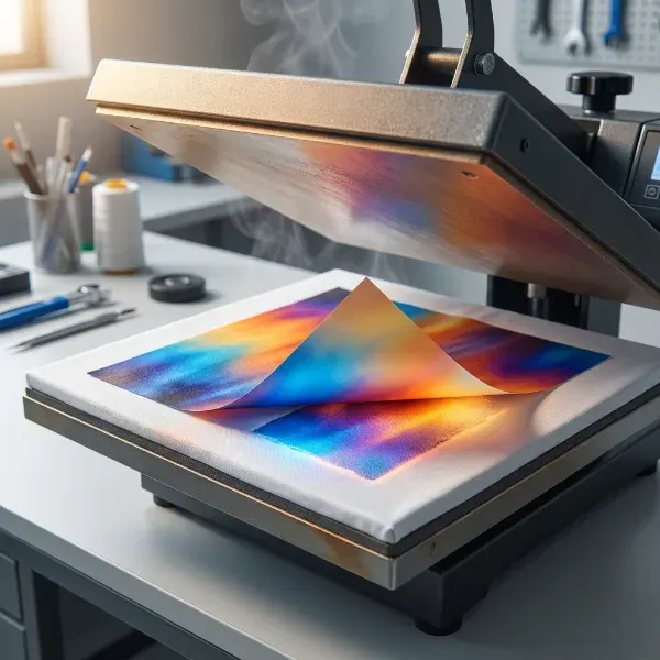 Heat press transferring sublimation ink onto a polyester patch during the sublimation printing process