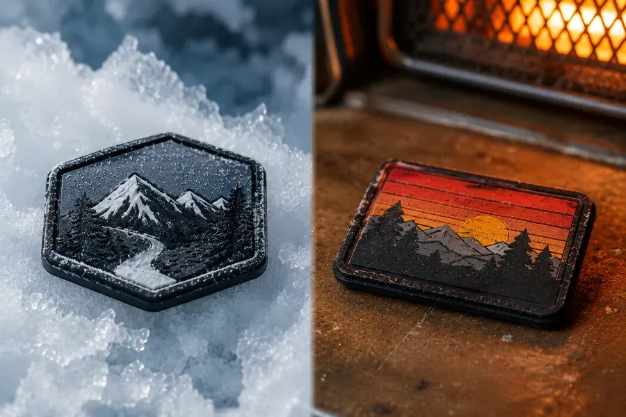 Side-by-side comparison of silicone and PVC patches tested in cold and hot temperature extremes.