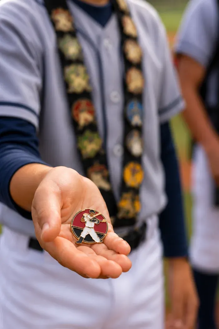  Youth baseball player wearing a lanyard covered in colorful trading pins ready for a tournament trade