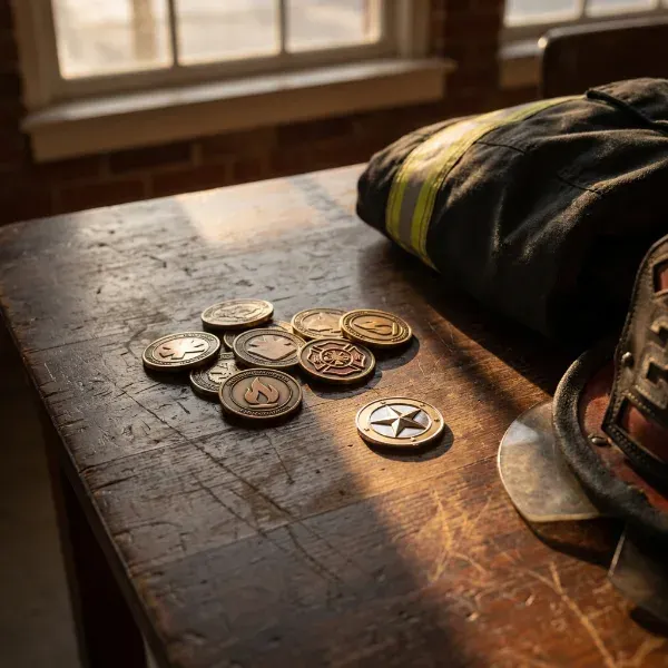 Challenge coins resting near a firefighter's helmet, one coin set apart from the rest