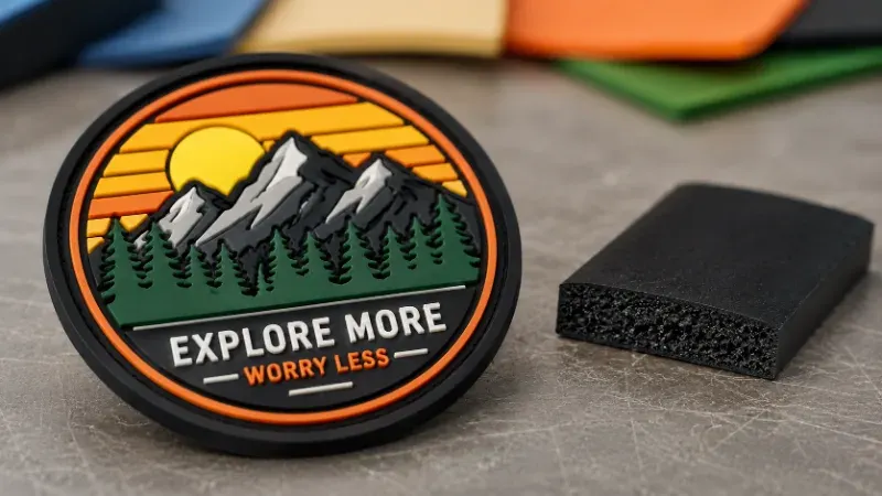 Close-up of a flexible PVC patch showing its smooth, rubbery texture and raised colorful design lines.