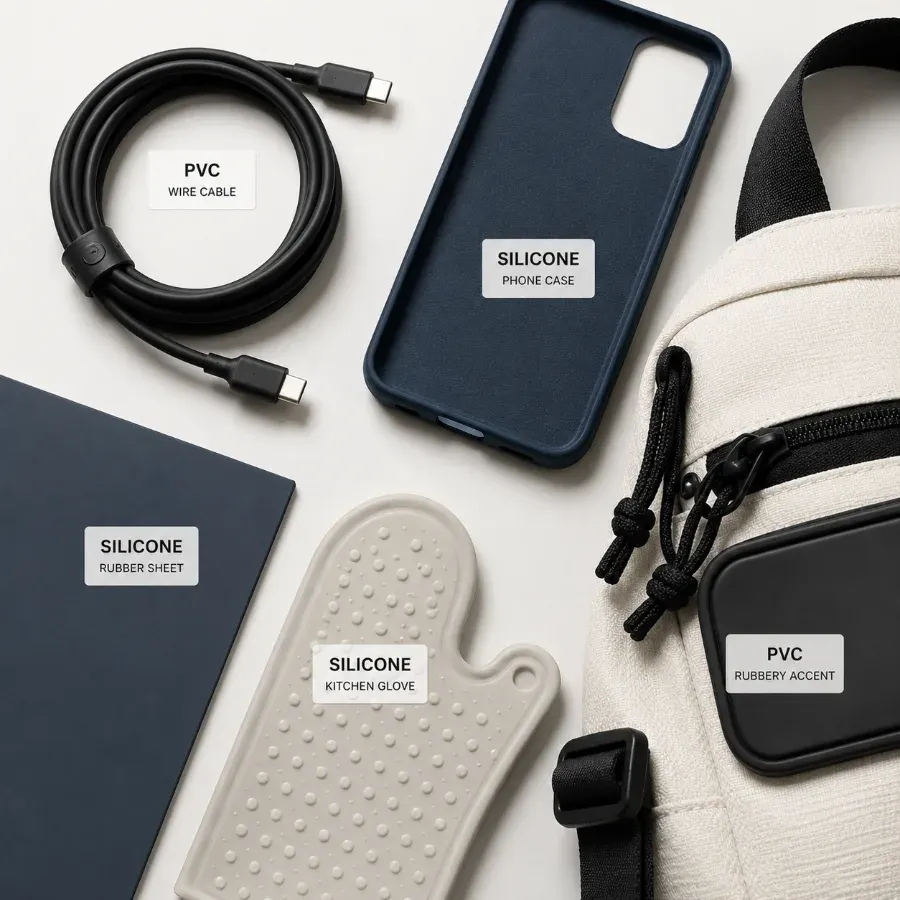 Flat lay of everyday items made from PVC and silicone, including wire cable, a phone case, and a rubber sheet sample.