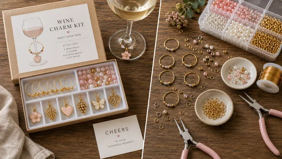 Packaged wine charm kit next to loose DIY beading supplies