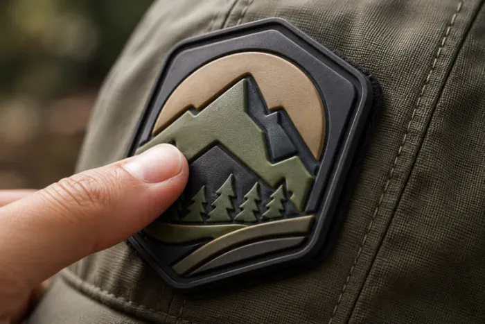 Close-up of raised 3D PVC patch texture on a hat