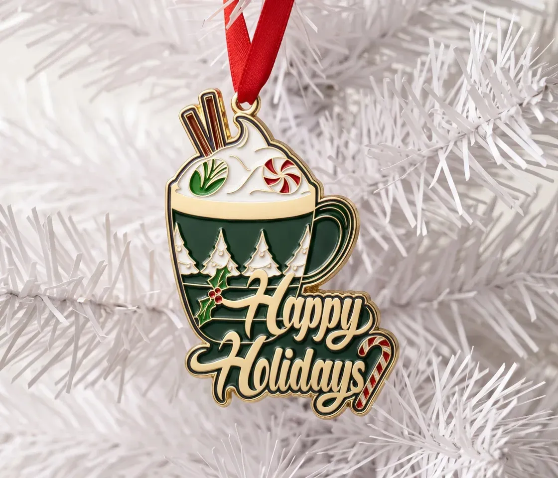 Happy Holidays gold ornaments