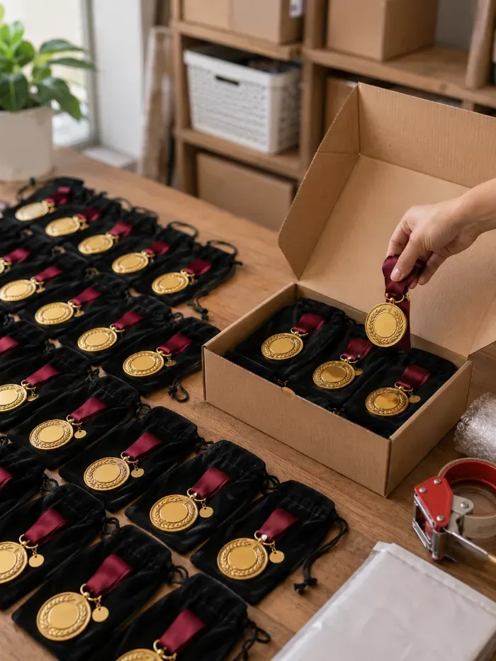 Rows of graduation medals packed and ready to ship for a bulk order