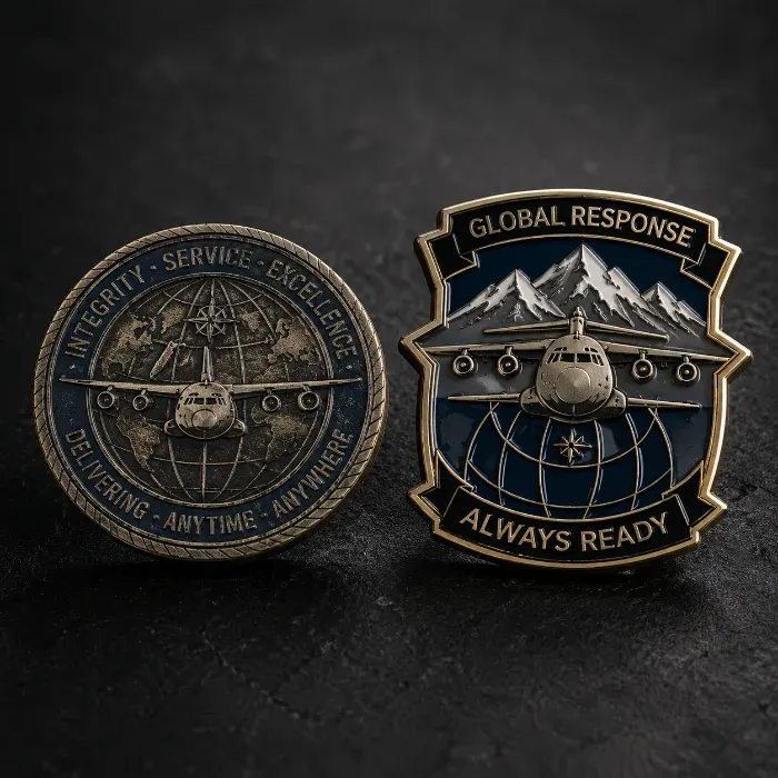Two challenge coins side by side showing differences in plating wear and edge condition
