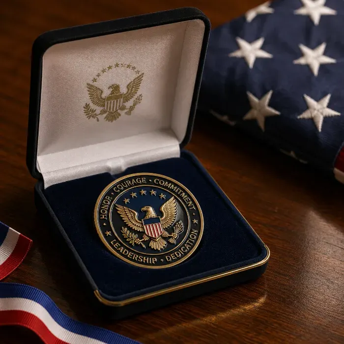 Challenge coin displayed inside an open presentation case, suggesting provenance and ceremony