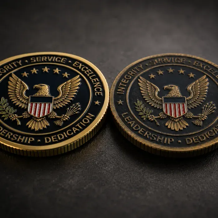 Two challenge coins compared edge to edge to illustrate differences in authenticity and craftsmanship