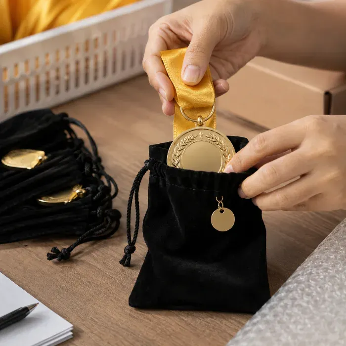 Hands placing an engraved medal into a velvet drawstring bag