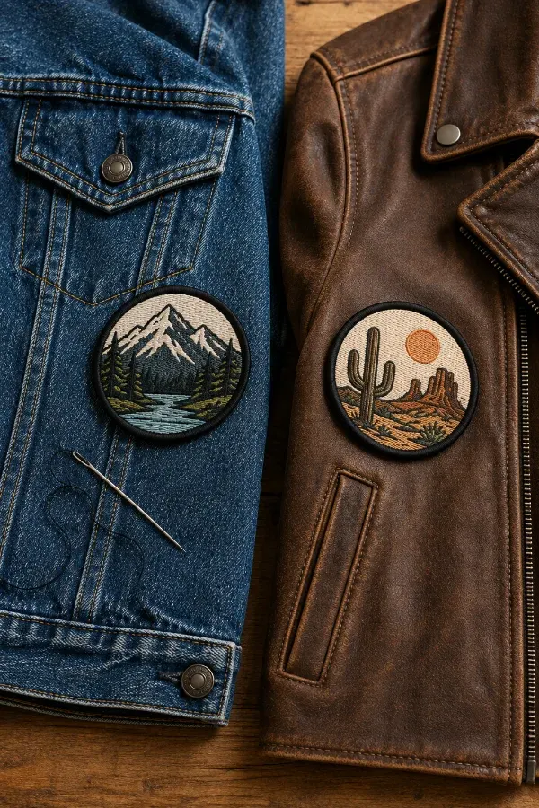 Denim and leather jacket panels shown side by side to compare patch attachment care needs.