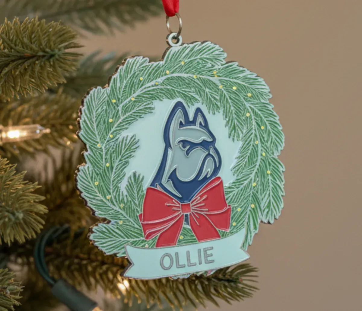 Die struck metal with enamel Christmas ornament