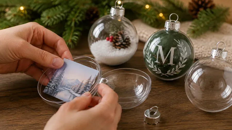 Assembling a fillable photo ornament with a printed insert, alongside monogram and keepsake ornament examples