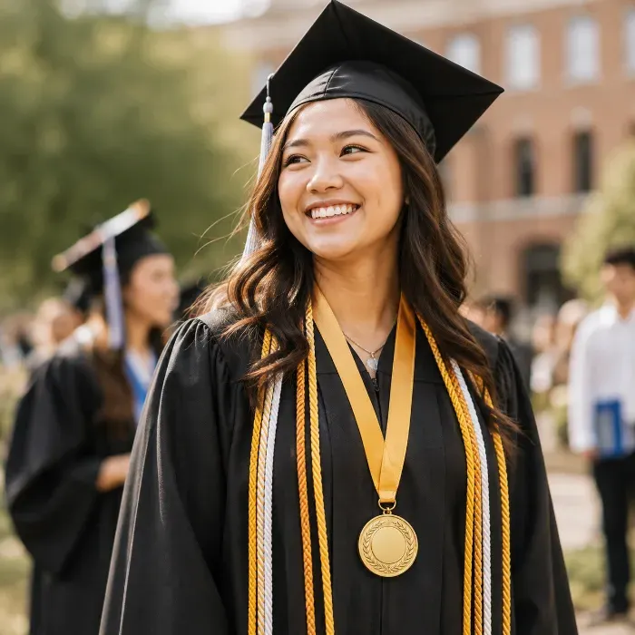Graduate wearing honor cords and medal over cap and gown