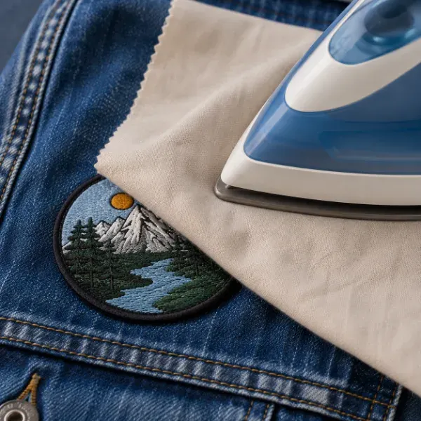 Iron pressing a patch through a pressing cloth onto jacket fabric to apply it safely.