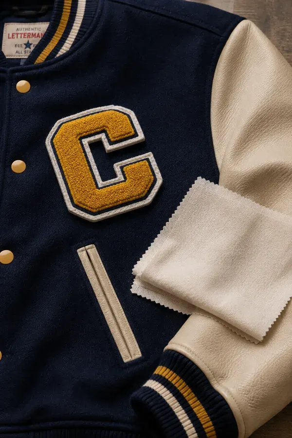 Chenille patch resting on a letterman jacket panel with a pressing cloth nearby for safe heat application.