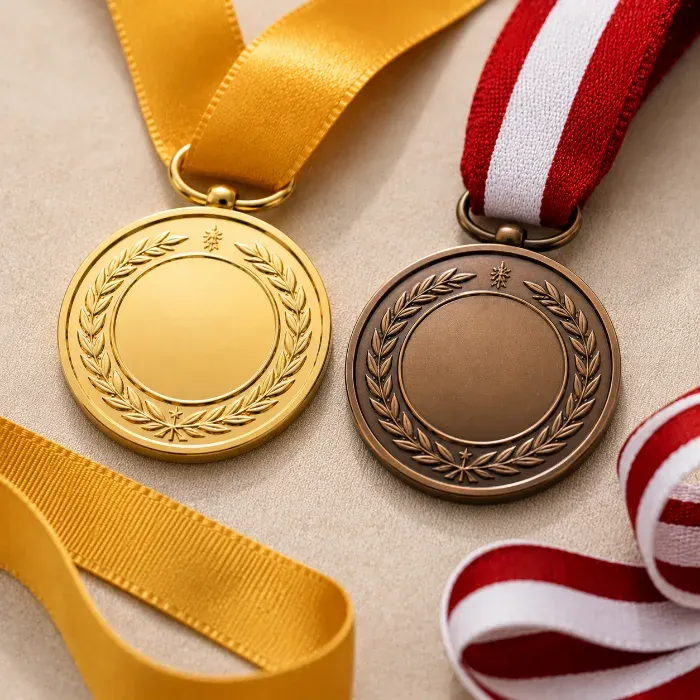 Gold and bronze medal finishes shown with ribbon color options