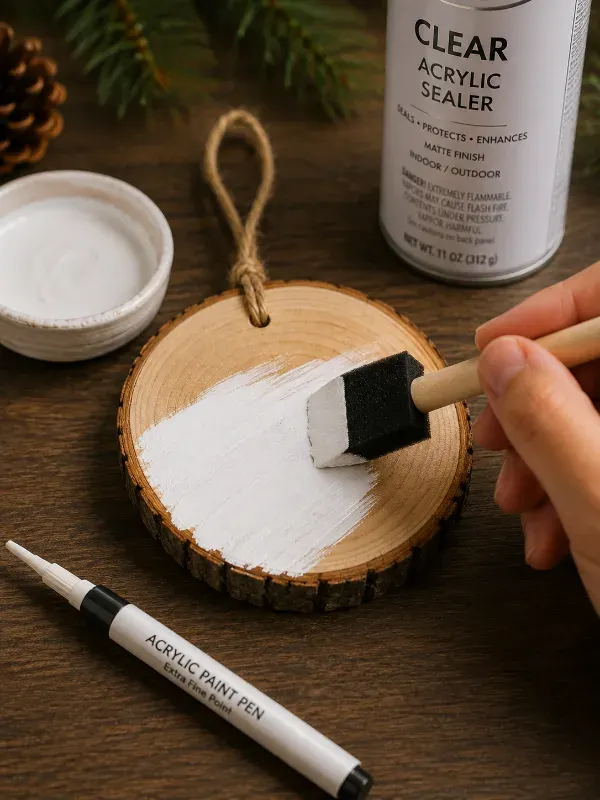 Hand-painting a wood slice ornament with acrylic paint and a foam brush