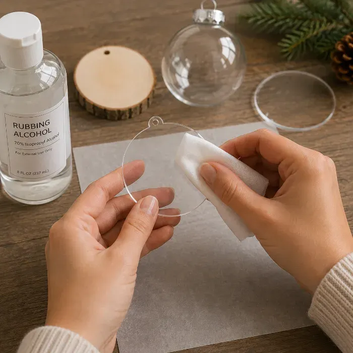 Hands wiping down a clear ornament blank with rubbing alcohol before personalizing it